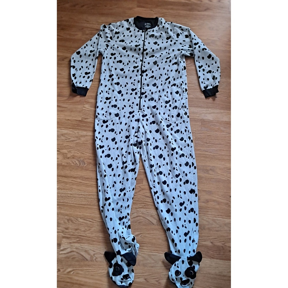 Nick & Nora Black And WhitePolka Dot Dog Footed Pajama One Piece Womens M Fleece